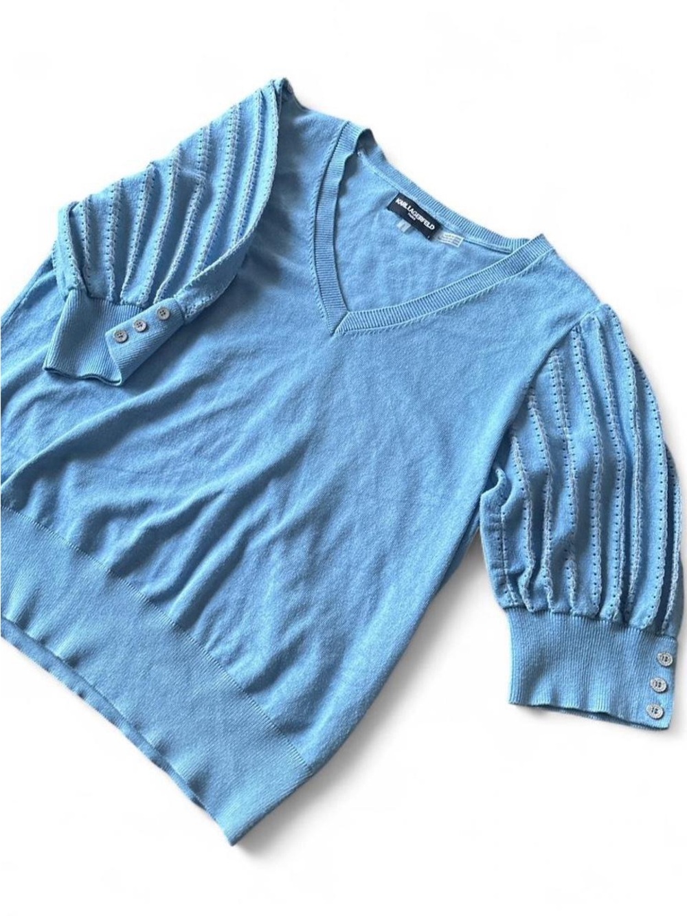Karl Lagerfeld Paris Blue V-Neck Sweater with Metallic Pleated Sleeves